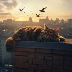 A giant cat lying peacefully on top of a city rooftop, golden hour light, birds flying, cinematic atmosphere, ultra-realistic fur texture, sharp detail, photojournalism style