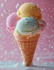 Floating Ice Cream Cone with Pink and White Scoops