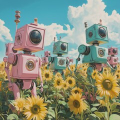 A group of pastel-colored robots dancing in a sunflower field, blue sky, bright light, playful surreal realism with futuristic charm