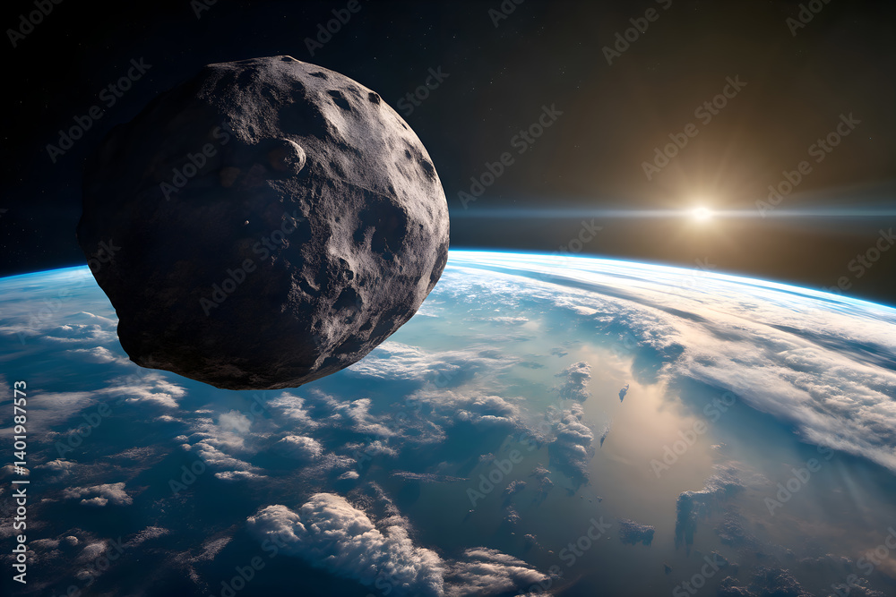 Wall mural giant meteorito floating over earth in dark outer space before impact