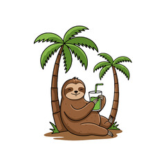 Cute Sloth Relaxing on the Beach with a Fresh Drink