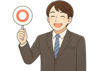 微笑んで正解プレートを持つ男性新入社員4