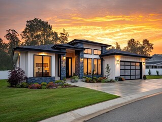 A beautiful off-white ranch-style house with dark blue stone accents, surrounded by lush green grass at sunset