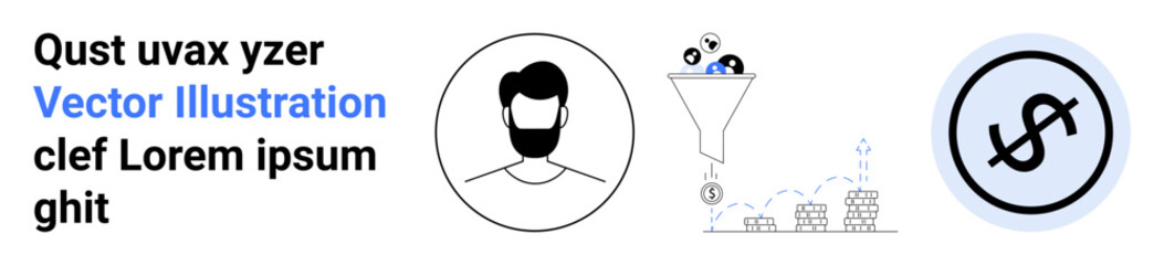Mans profile icon, funnel filtering data into a dollar sign with surrounding graphs. Ideal for digital marketing, analytics, e-commerce, finance, conversion, targeting, simple landing page