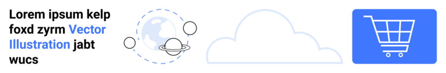 Globe with orbit lines, cloud icon, and shopping cart suggesting e-commerce, global reach, digital innovation. Ideal for online retail, cloud service, networking, marketing technology platforms