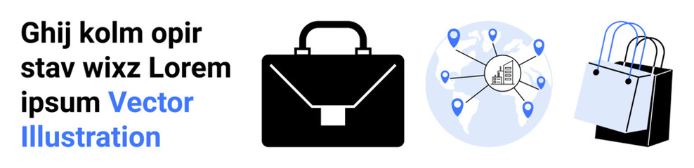 Business briefcase, interconnected locations with pins and hub, two shopping bags. Ideal for e-commerce, business strategy, logistics, retail marketing, travel planning, supply chain flat landing