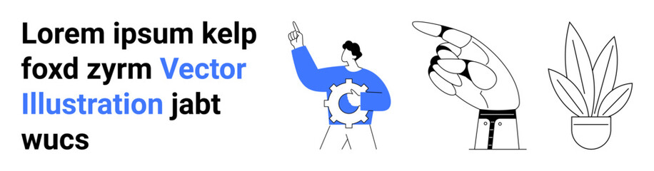 Person pointing upwards holding a gear, robotic hand as a symbolic device, and a potted plant. Ideal for technology, innovation, future, sustainability, creativity, teamwork flat landing page banner
