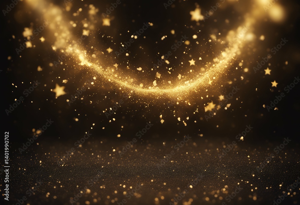 Wall mural falling over fiery like black background down glowing golden particles star effect dark glow spark c