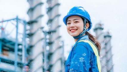 Confident Asian female engineer at night with smart city lights and tech circuit graphics, industry 4.0 concept