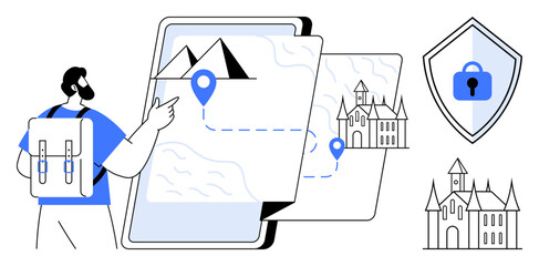 Traveler with backpack pointing at digital map with mountain and castle icons, secure location symbol. Ideal for travel planning, navigation, security, tourism, adventure, technology, exploration