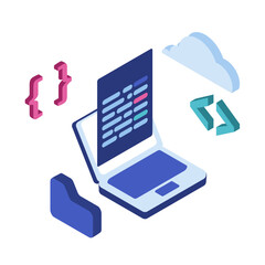 Application Development Tools Isometric gear, arrow, and screen with a chat icon. Atmosphere is collaborative, functional. Perfect for app development tools, project management