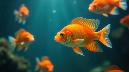 Fototapeta premium Vibrant orange fish gracefully swimming in a tranquil underwater environment, showcasing their bright scales and elegant fins.