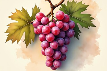 Obraz premium Lush red grapes hanging on vine leaves watercolor background vibrant colors juicy fruit delicious