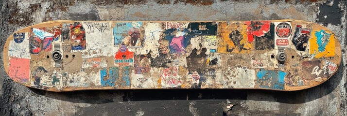 Old skateboard adorned with vintage stickers and graffiti showcasing years of wear and history on the urban street