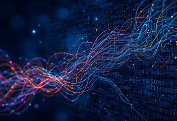 Vibrant multicolored lines weave dynamically over a dark background filled with binary code, evoking themes of data flow and digital connectivity