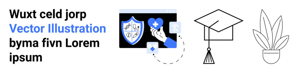 Shield with healthcare icons, graduation cap symbolizing education, and a potted plant for growth. Ideal for healthcare, education, growth, safety, digital security, online platforms flat landing