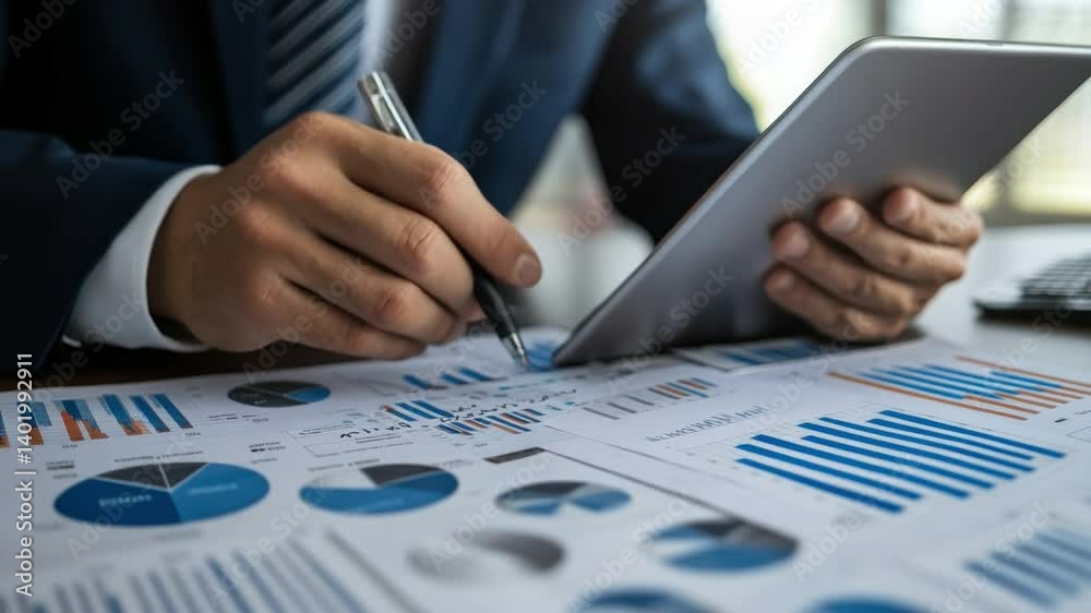 Poster Analyzing Business Data: Close-up of a businessman's hand meticulously reviewing a spreadsheet, utilizing a digital tablet and pen in a focused analysis of business data.
