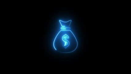 glowing neon Dollar bag icon animation black background, glowing neon Dollar