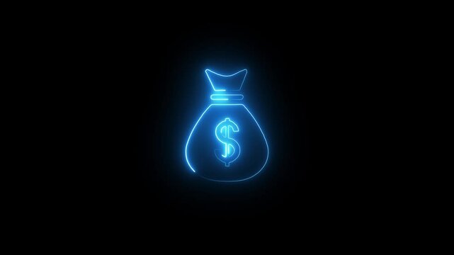 glowing neon Dollar bag icon animation black background, glowing neon Dollar