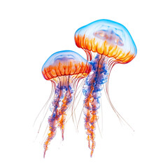 Two jellyfish swim gracefully a vibrant underwater scene