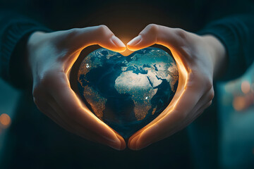Hands forming heart shape around glowing Earth, symbolizing love for planet, global unity, environmental protection, sustainability, world peace, and human connection with nature

