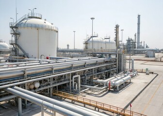 Fototapeta premium Daylight photo of an industrial oil & gas plant. High-resolution, showcasing equipment, pipes, and tanks against a white backdrop.