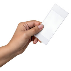 hand holding blank ticket or card isolated on transparent background
