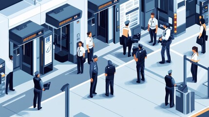 People Engaged in Activities in a Modern Indoor Transport Hub Featuring Elevators and Security