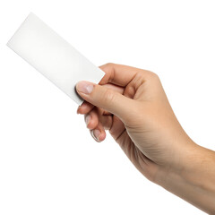 hand holding blank ticket or card isolated on transparent background