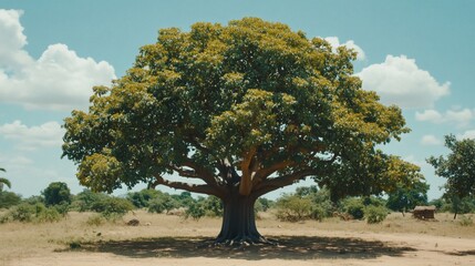 Fototapeta premium Majestic tree stands in sunny African savanna, framed by blue sky and clouds