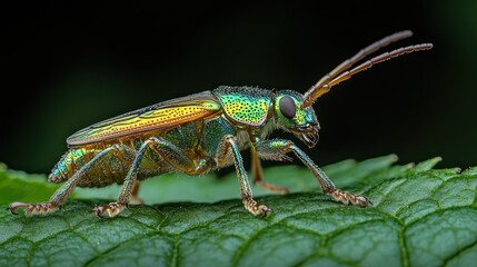 Fototapeta premium Vibrant metallic beetle on leaf