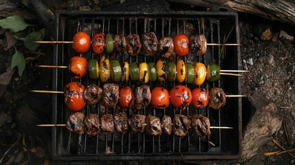 Delicious grilled beef and vegetable skewers on outdoor barbecue.