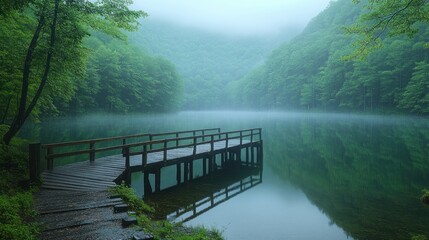 Misty lake with wooden dock in a serene forest