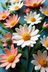 Close-up of delicate felt daisy flowers in a handmade art installation, delicate, installation