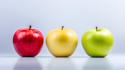 Three Apples in Varying Colors Displayed on a Simple Background for Fresh and Healthy Eating