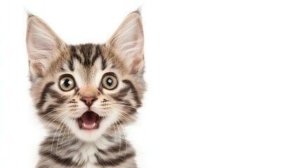 Obraz premium Playful Tabby Kitten With Bright Eyes and Happy Expression Against a White Background