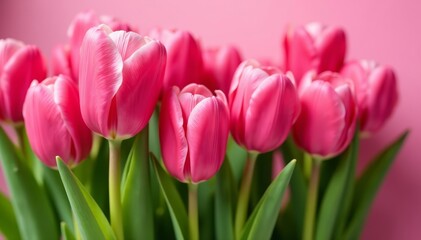Obraz premium Close-up of vibrant pink tulips with green leaves, nature, vibrant, close-up