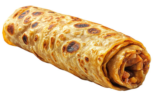Golden brown paratha roll savory filling peeking delicious Indian flatbread studio shot on black