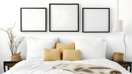 Cozy Minimalistic Bedroom Design Featuring White Bedding and Decorative Elements on a Clean Wall