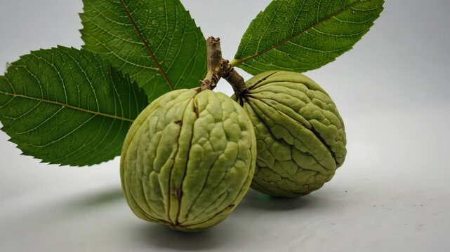 Close-up of two exotic, light green custard apples on a short branch with three vibrant green leaves on an off white background.