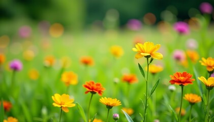 Fototapeta premium Close up of vibrant wild flowers and luscious green grass in a meadow, vibrant, grass, nature