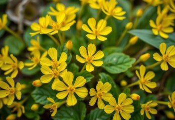 Close-up of vibrant yellow Celandine (Chelidonium majus) blossoms, golden, closeup
