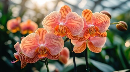 Vibrant orange-pink orchids in a greenhouse setting