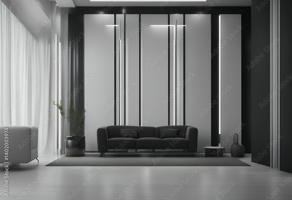 Wall mural room rendering partition center black led walls 3d mockup stylish lights copyspace background three-