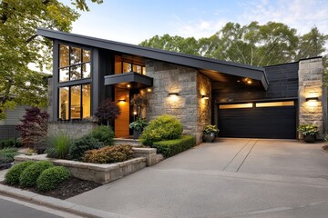 A contemporary home with an angular triangular design and expansive windows, featuring a black stone garage entrance