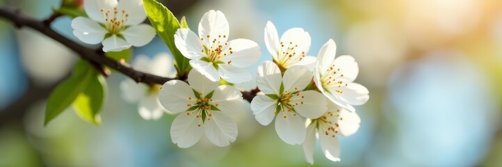 Obraz premium Close-up of white blossoms on bird cherry tree branches in sunlight, tree, cherry, bloom