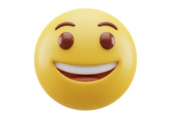 A cheerful yellow emoji with a big smile and brown eyes on a white background in a close up view