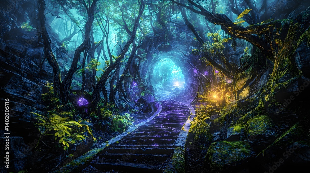 Wall mural mysterious forest path illuminated by ethereal light in a lush green environment