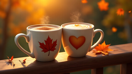 Autumn heart-leaf mugs with cinnamon and pumpkin spice designs sit on a porch railing amid falling leaves at golden hour.