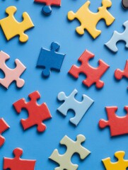 Obraz premium Colorful Puzzle Pieces Scattered on Blue Background As Symbol for Teamwork